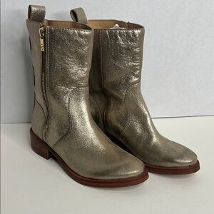 Tory Burch Halle Metallic Gold Leather Mid Calf Short Boots Shoes Size 6M